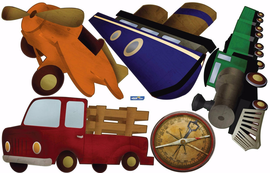 istickup™ Let's Move! Plane, Vintage Train, Plane, Boat and Truck (Colors) Removable Fabric Wall Stickers